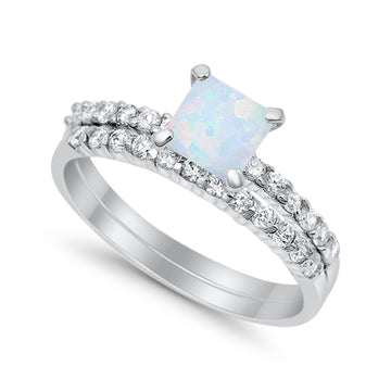 Wedding Ring Bridal Princess Cut Lab Created White Opal 925 Sterling Silver